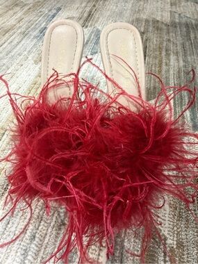 Chase + Chloe Red Feather Slide Mules